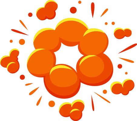Cartoon explosion bursting forth with vibrant orange and yellow smoke, accompanied by sparkling effects on a clean white background, creating a lively and energetic visual impact
