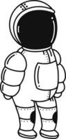 Astronaut wearing spacesuit standing in outer space, black and white drawing of spaceman exploring new planets, futuristic space travel concept vector