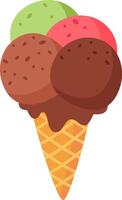 Four colorful scoops of ice cream, including chocolate, strawberry, pistachio, and coffee flavors, are melting and dripping onto a crispy waffle cone, creating a tempting summer treat vector
