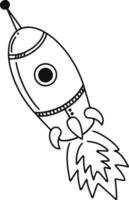 Black and white drawing depicting a rocket soaring through the sky. Leaving behind a vibrant trail of flames. Isolated against a clean white background. Embodying themes of exploration and adventure vector
