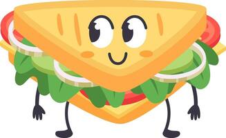 Funny cartoon sandwich featuring a kawaii face, happily walking with arms and legs, overflowing with delicious cheese, fresh tomato, crisp lettuce, and zesty onion against a white background vector