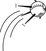Hand drawn Sputnik satellite flying through space, leaving a delicate contrail behind. Simple black and white illustration capturing the essence of exploration and technological achievement vector