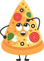Cartoon illustration featuring a humorous pizza slice with googly eyes, arms, and legs, scratching its head in confusion while displaying a puzzled expression on its face vector