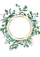 Golden round frame featuring a beautiful arrangement of eucalyptus, fern, and tropical leaves, creating an elegant and natural design perfect for various decorative purposes vector