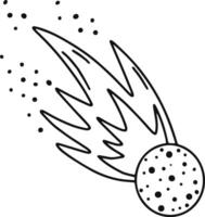 Simple black and white illustration depicting a burning comet plummeting through the vastness of space, leaving behind a dazzling trail of fiery particles and glowing energy vector