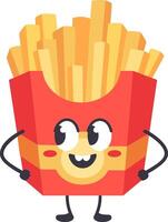 Cheerful cartoon character of a french fries box, standing with hands on hips and displaying a big smile, radiating happiness and satisfaction in a playful and inviting manner vector