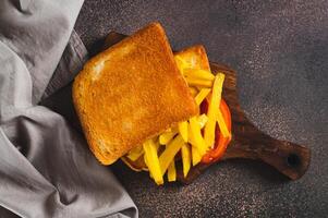 Close up of fried toasts with french fries and tomato on a board on the table top view photo