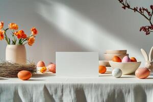 Easter Rustic Table , Blank Card Mockup, Colored Eggs, Spring Flowers photo