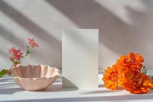 Blank Greeting Card Mockup, Minimalist Floral Composition, Sunlit Still Life photo