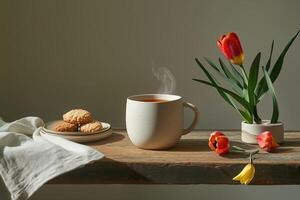 Cozy Spring Still Life with Tulips, Tea, and Cookies, Warm Natural Light photo
