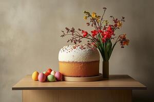 Easter Still Life, Kulich Cake, Colored Eggs, Spring Flowers photo