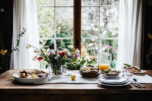 Spring Breakfast Table, Fresh Flowers, Sunlit Dining Room, Cozy Rustic Atmosphere photo