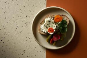 Rustic Toast, Goat Cheese, Pickled Vegetables, Modern Minimalist Food Styling photo