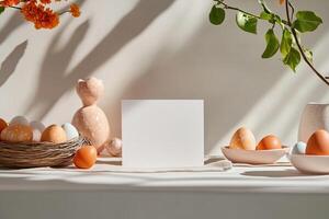 Easter Greeting Card Mockup, Blank Card, Festive Spring Decor, Natural Light photo