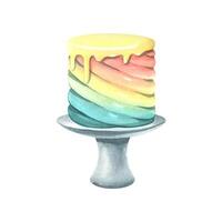 Rainbow cake with icing on a stand. Blank for the design and decoration of festive and kitchen, confectionery paraphernalia. Watercolor illustration. An isolated from a large set of HAPPY BIRTHDAY. vector