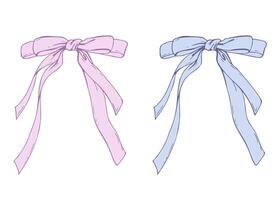 Satin bow made of fabric, narrow in two layers with long twisted ribbons. Graphic sketch illustration hand drawn line art, outline in blue and pink. Single isolated element EPS, for decoration vector