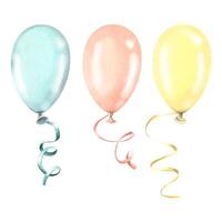 Balloons with fluttering ribbons, three different colors. Watercolor illustration. Isolated objects from a large set of HAPPY BIRTHDAY. For the design, design and composition of postcards, posters. vector