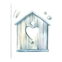 Birdhouse wooden, hanging with a hole in the shape of a heart with a texture of gray paint with a rope and beads. Watercolor illustration hand-drawn. Set of elements isolated from the background. vector