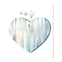 Wooden heart, hanging with a hole with a texture of gray light paint with a rope and beads. Watercolor illustration hand-drawn. A set of individual elements isolated from the background. vector