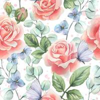 Pink roses with leaves and buds with hydrangea and eucalyptus, butterflies and paint splashes. Watercolor illustration hand drawn in soft pastel colors. Seamless pattern infinitely repeating ornament vector
