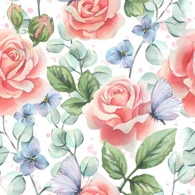 Pink roses with leaves and buds with hydrangea and eucalyptus, butterflies and paint splashes. Watercolor illustration hand drawn in soft pastel colors. Seamless pattern infinitely repeating ornament