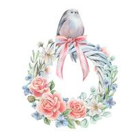 Spring wreath with flowers roses, hydrangea, apple tree, eucalyptus, bow and tit bird. Watercolor illustration hand drawn in soft pastel colors. Round frame, wreath, template isolated from background. vector