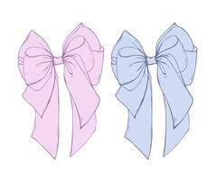 Satin fabric bow, wide, multi-layered with long ribbons. Graphic sketch illustration hand drawn line art, outline in blue and pink. Single isolated element EPS, for decoration vector