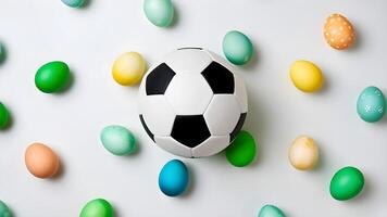 Easter eggs in various colors scattered around a soccer ball, top-down view. Holiday sports imagery photo