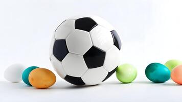Easter sports concept featuring a soccer ball and painted eggs on a white background. Festive flat lay design photo