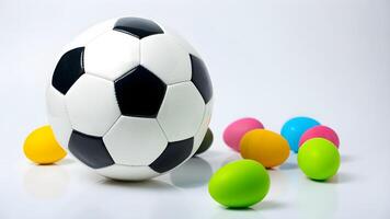 Close-up of a soccer ball with Easter eggs scattered around it photo