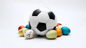 Soccer ball with colorful Easter eggs scattered around it on a white background. Festive sports concept. photo
