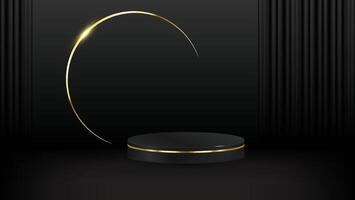 Abstract realistic 3D black cylinder pedestal podium with oblique dark curtains and golden lens flare background. Luxury black scene for product display presentation. platform vector