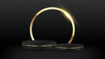 Black podiums 3d background with golden circle and stars on background. Podium scene. Abstract minimal scene, abstract vectors platform