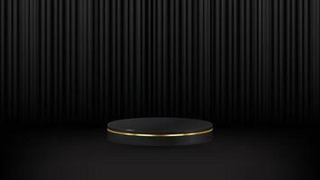 Realistic 3D black, cylinder pedestal podium set with dark curtains with spotlight background. Vectors abstract minimal wall scene for products stage showcase, Promotion display. stock illustration
