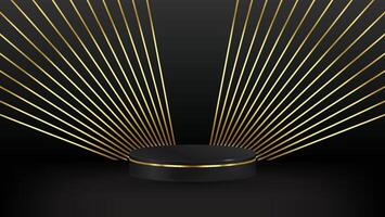 Abstract realistic 3D black cylinder pedestal podium with sunburst golden lines on dark background. Luxury black scene for product display presentation. platform vector