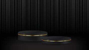 Realistic 3D black, cylinder pedestal podium set with dark curtains background. abstract minimal wall scene for products stage showcase, Promotion display. stock illustration vector