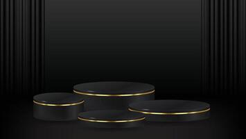 Set of four Realistic 3D black cylinder pedestal podium set with dark curtains background. abstract minimal wall scene for products stage showcase, Promotion display. stock illustration vector