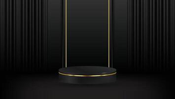 3D abstract studio room with pedestal podium. black geometric platform with golden glitter in rectangle shape backdrop. Luxury scene for demonstration of cosmetic products, Showcase, Promotion display vector