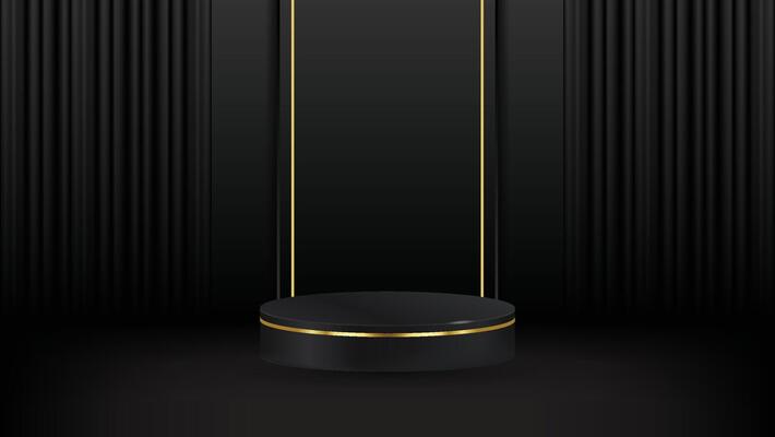 3D abstract studio room with pedestal podium. black geometric platform with golden glitter in rectangle shape backdrop. Luxury scene for demonstration of cosmetic products, Showcase, Promotion display