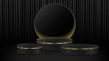 Set of three realistic 3D black cylinder pedestal podium set with dark curtains in circle with yellow glow light background. Vectors abstract minimal wall scene