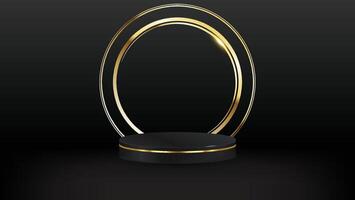 Gold podium for product presentation illustration. Abstract empty golden award platform with neon glowing round frame and rays, glitter confetti sparkle rain falling from above background vector
