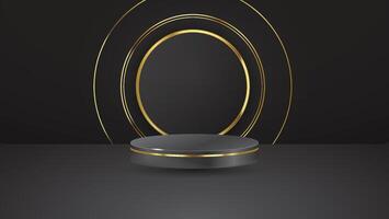 Abstract realistic 3D black and gold cylinder pedestal podium with golden glitter in circle window. Luxury black mimimal scene for product display presentation vector