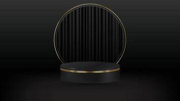 Set of three realistic 3D black cylinder pedestal podium set with dark curtains in circle background. Vectors abstract minimal wall scene for products stage showcase.