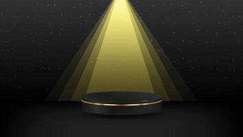 Abstract realistic 3D black cylinder pedestal podium with yellow spot light oblique dark background. Luxury black scene for product display presentation. platform vector