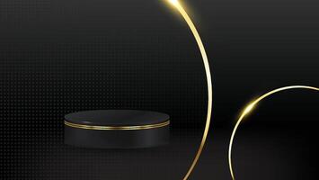 Abstract realistic 3D black cylinder pedestal podium golden curved oblique dark background. Luxury black scene for product display presentation. platform vector