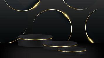 3D rendering black podium geometry with gold elements. Product presentation blank podium. Minimal scene round step floor abstract composition. Empty showcase, pedestal platform vector
