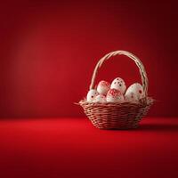 Festive Red Easter Eggs in a Basket on Red Background - Studio Image photo
