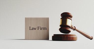 Close-Up of Gavel and 'Law Firm' Nameplate with White Backdrop photo