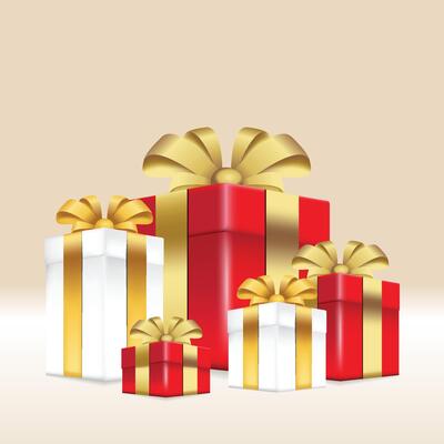 Surprise white red golden gift boxes with ribbon andbow. 3d style, Element design for christmas, new year, giveaway, surprise, holiday. illustration. stock illustration copy