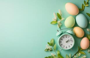 3D Realistic Easter Eggs and Alarm Clock on Pastel Green Background photo